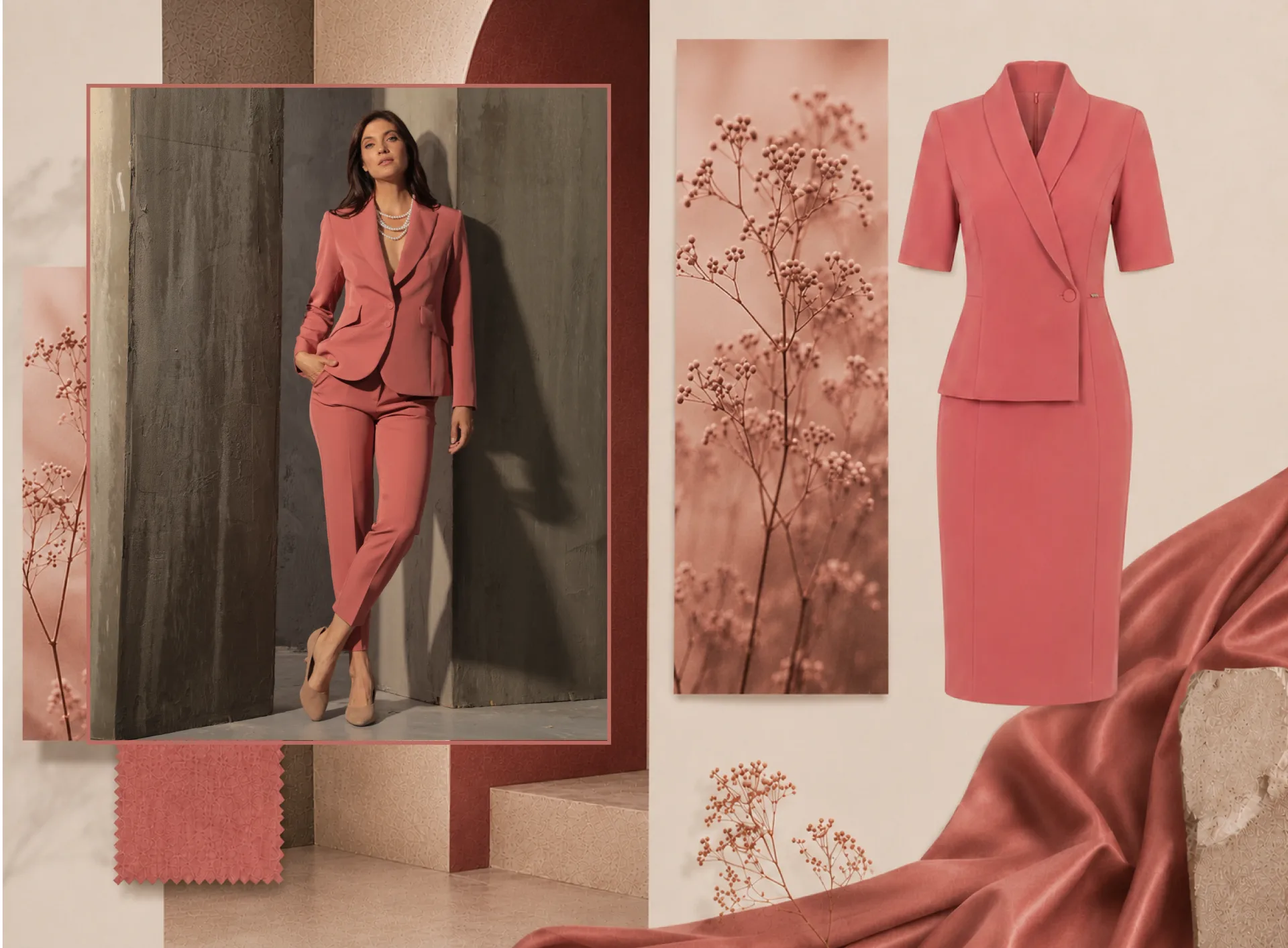 Suit and dress in Rose Ash from DiKa’s Fall 2026 Collection Rose Ash women’s suit and dress from DiKa’s Fall 2026 Collection